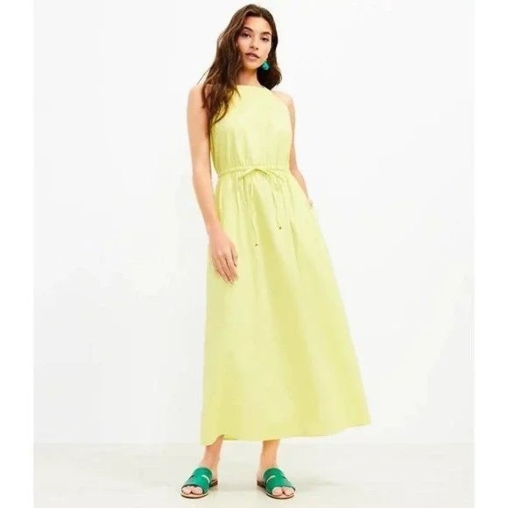 LOFT‎ Cotton Glowing Lime Yellow Halter Midi Dress Drawstring Waist Size Medium